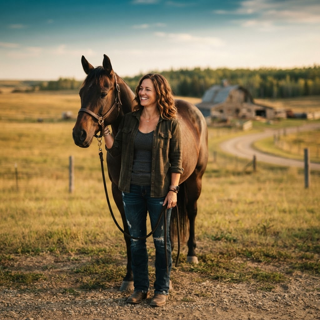 Tanya Michel outdoors with her horse in northern Alberta